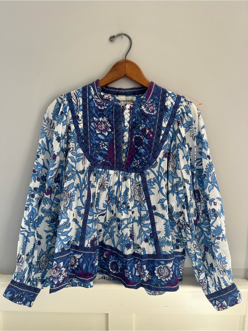 Antik Batik Blue Floral Boho Blouse Quilted Yoke Puff Sleeve Top M